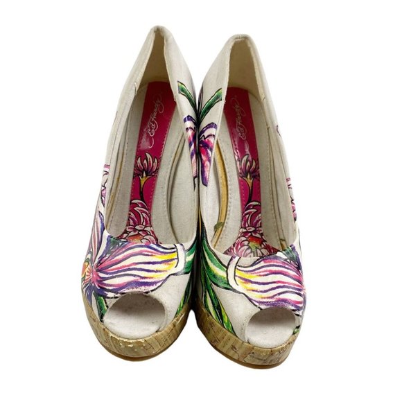Vintage Y2Kstyle 00sfashion Ed Hardy Wedge Womens Floral 4.5" Inch Heels US Sz 5 - Picture 4 of 9